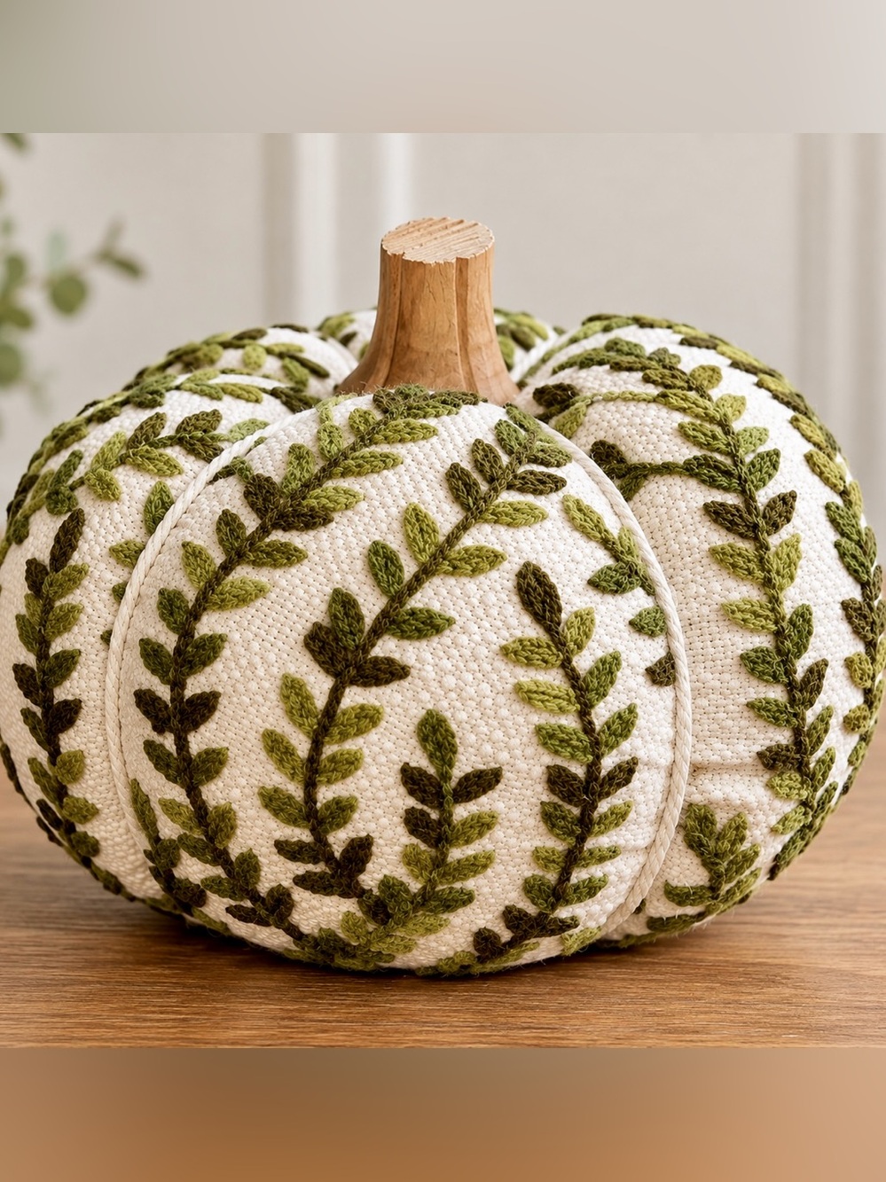 Handcrafted Cream Pumpkin Pillow with Olive Green Leaf Embroidery